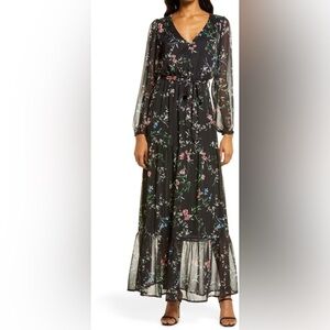 NWT Chelsea 28 Floral Belted Long Sleeve Maxi Dress Black *NO BELT